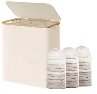 SONGMICS - Wasmand - Wasmand met Deksel - 3 Vakken - Uitneembare Waszak - Opvouwbaar