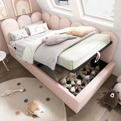 Kinderbed 90x190 - Slaapbank Met Opbergruimte - Roze Fluwelen Opbergbed
