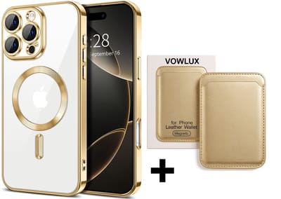 VOWLUX® Compatible iPhone 16 Pro hoesje van schokbestendig siliconen met camera bescherming + Compatible MagSafe QuickWallet pasjeshouder – 24 magneten extra sterk – max 3 pasjes – kunstleer – Goud