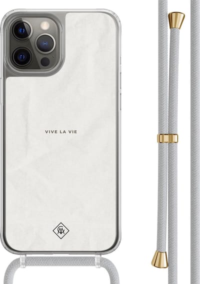 Casimoda® hoesje met grijs koord - Geschikt voor iPhone 12 Pro - Vive La Vie - Afneembaar koord - TPU/polycarbonaat - Grijs