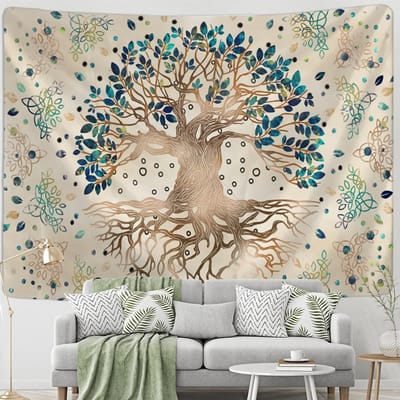 Tapisserie murale à suspendre représentant un arbre de vie mystique vert, style psychédélique, art hippie, décoration d'intérieur 95x70cm