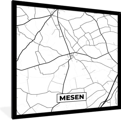 Fotolijst incl. Poster Zwart Wit- Plattegrond – Mesen – Zwart Wit – Stadskaart - Kaart - België - 40x40 cm - Posterlijst