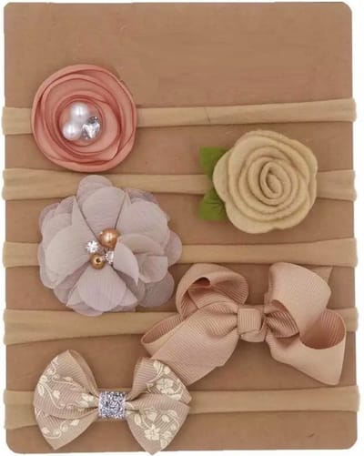 Set van 5 Baby & Peuter Haarbandjes – Bloemen en Strik – Beige & Taupe – Rekbaar en Comfortabel