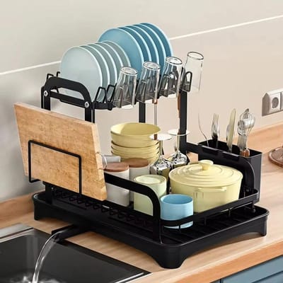 2-laags Afdruiprek voor Borden en Schalen Opbergrek Keuken Afdruiprek met Afdruipmand Aanrecht Servies Organizer Afdruipplaat 2024 gray