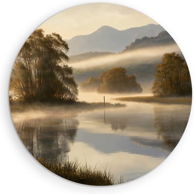 Saammp Muurcirkel Hout -Mistig Landschap - Bergen - Natuur - Ø 90 - Wandcirkel - Wanddecoratie Cirkel - Muurdecoratie Woonkamer - Slaapkamer decoratie - Rond Schilderij