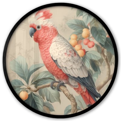 Poster in lijst Rond - Fotolijst 40x40 cm - Posters - Roze kuifkaketoe - Tak met vruchten - Bladeren - Ronde posterlijst zwart - Decoratie - Wanddecoratie woonkamer - Muurdecoratie slaapkamer
