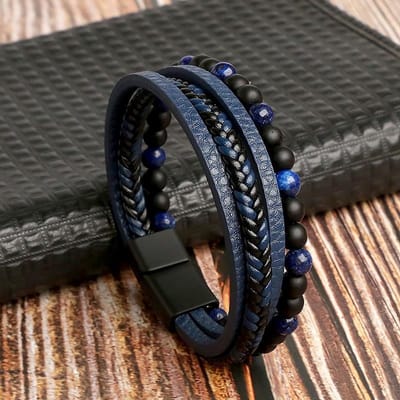 Fako Bijoux - Leren Armband - Leer - Kralen - Heren - Dames - Set - Magnetische Sluiting - 21cm - Blauw/Zwart