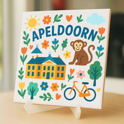 Tegeltje Apeldoorn - 15×15 cm – Keramiek – Decoratief Souvenir – Inclusief Transparante Houder / Ezel – Cadeau - Tegeltjes met tekst