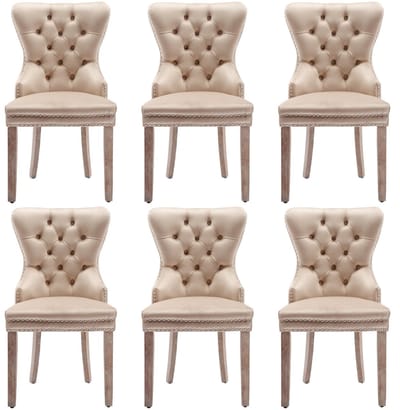 Set van 6 massief houten eetkamerstoelen met fluwelen bekleding, siernagels, geschikt voor de keuken of woonkamer, beige