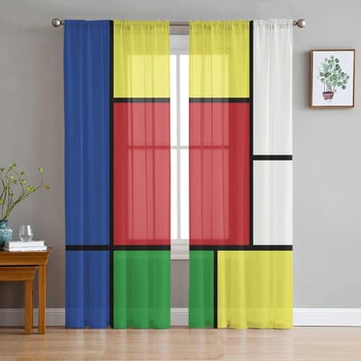Abstract Geometrische Blokkleur Tule Gordijnen voor Woonkamer Slaapkamer Moderne Voile Gordijn Keuken Chiffon Doorzichtig Gordijn 135W x 114H(cm) blue