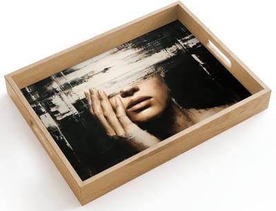 Dienblad hout 40x30 cm - Schootdienblad - Hand - Gezicht - Strepen - Abstract - Borrelplank rechthoek - Plateau dienbladen