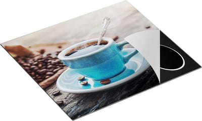 Chefcare Inductie Beschermer Blauw Kopje Koffie met Koffiebonen - 60x50 cm - Afdekplaat Inductie - Kookplaat Beschermer - Inductie Mat