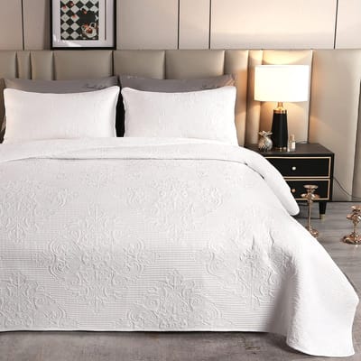 Famanu - Sprei 240x260 cm wit, vintage patroon met 2 kussenslopen, onderhoudsvriendelijk polyester