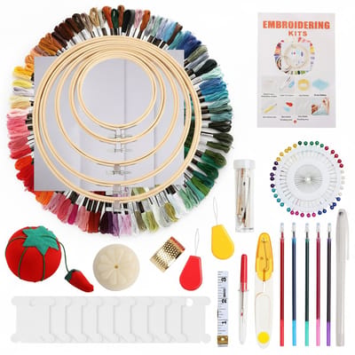 Borduurpakket Voor Volwassenen – 5 Bamboe Borduurringen, 100 Kleurvaste Borduurgaren, 3 Aida-Stoffen – Compleet Doe-Het-Zelf Handwerk Voor Creatieve Projecten – Duurzaam Polyester En Natuurlijke Bamboe