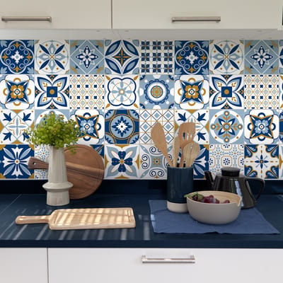 Zelfklevende tegelmuurstickers voor keuken en badkamer - 9 Leonel Azulejos tegelstickers - 9 stickers 20x20cm