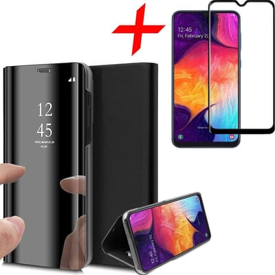 Hoesje geschikt voor Samsung Galaxy A50 - Screen Protector FullGuard - Book Case Spiegel Zwart & Screenprotector