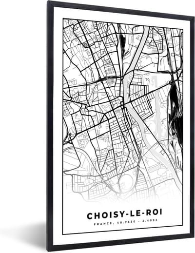 Fotolijst incl. Poster Zwart Wit- Frankrijk - Choisy-le-Roi - Plattegrond - Stadskaart - Kaart - Zwart wit - 40x60 cm - Posterlijst