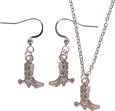 Set - Kinderketting 45cm - Zilverkleurige Oorbellen - Hangertje Cowboylaars zilverkleurig 1,3cm