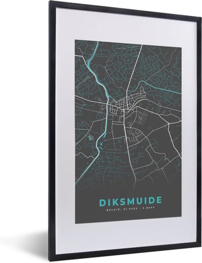 Fotolijst incl. Poster - Plattegrond – Diksmuide – Blauw – Stadskaart - Kaart - 40x60 cm - Posterlijst