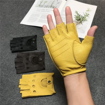 Gants en peau de cerf à demi-doigts pour hommes et femmes, sports et fitness, conduite, équitation, moto, rétro, gants en peau de chèvre à doigts découverts pour hommes, Haute Qualité M yellow