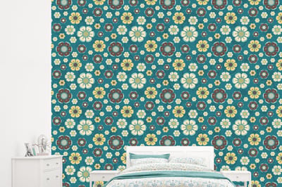 Behang - Fotobehang Retro - Bloemen - Patronen - Blauw - Breedte 245 cm x hoogte 220 cm