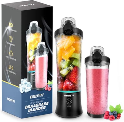 BODYIT® - Draagbare Blender met Extra Accessoires - 700ml – 6 Mesjes – Portable Blender To Go – USB-C - Oplaadbare Blenders met Accu – Draadloze Smoothie & Shake Maker - Zwart