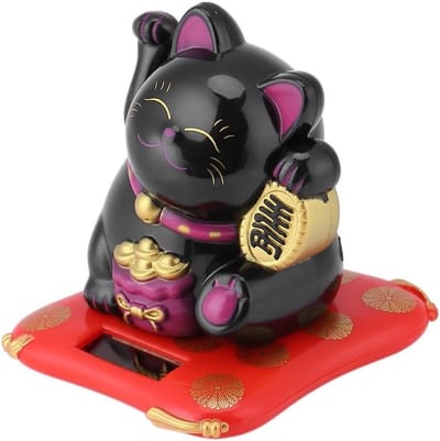 Zonnelader Geluks Cat Ornament - Schattige Wavy Kat voor Bureau en Auto (Zwart) - Geluk, Decoratie, Cadeau
