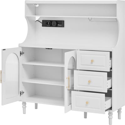 Hoge Opberg-/Barbarak 138 cm - Met Stopcontact & USB-C - Ingebouwd Wijnglashouder & 3 Laden - Witte Met Gouden Accenten