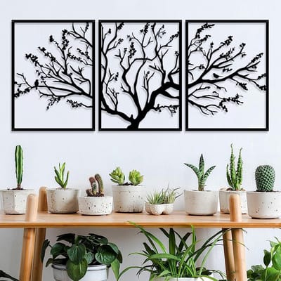 Moderne metalen wanddecoratie met grote boom des levens, 3 panelen, uniek ontwerp voor thuis, 135x60 cm
