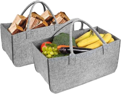 Vilt Brandhout Mand - Opslag Utility Tas - Haardhout Transport - Met Twee Handgrepen - 50x25x25 cm - Grijs