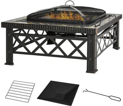 3-in-1 Vuurschaal, Grillrooster en Ijsemmer - Vuurkorf - Vuurtafel - met Vonkenscherm, Pook - voor Buiten - Tuin en Terras - Ø 76 x 47 cm - Zwart