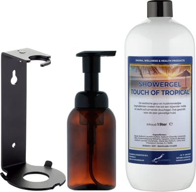 Zeepdispenser 300 ml amber bruin hervulbaar + 1 liter Showergel Touch of Tropical navulling (inclusief beugel)