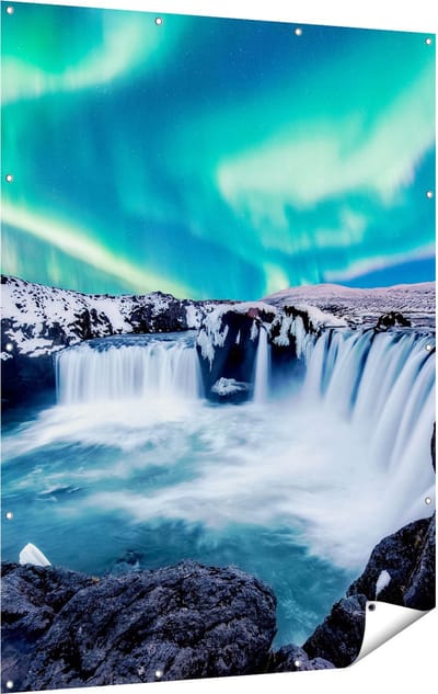 Gards Tuinposter Watervallen met het Groene Noorderlicht - 120x160 cm - Tuindoek - Tuindecoratie - Wanddecoratie buiten - Tuinschilderij