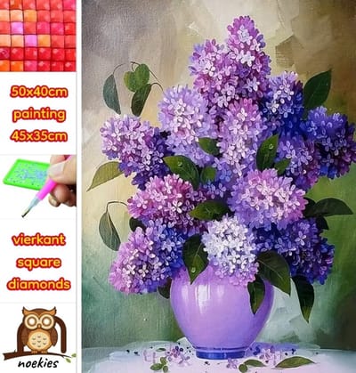 50x40cm Diamond Painting vaas bloemen paars (vierkant) nr 11