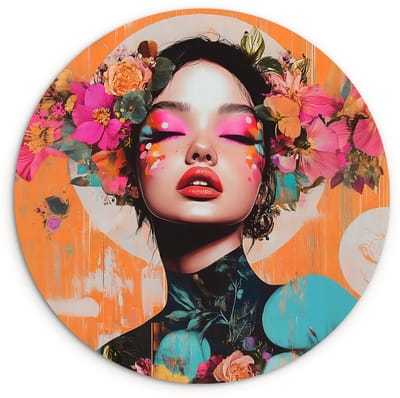 WallCircle® Wandcirkel 120x120 cm - Muurcirkel Portret - Vrouw - Abstract - Bloemen - Muurdecoratie woonkamer - Wanddecoratie slaapkamer - Kamer decoratie accessoires - Ronde schilderijen XXL