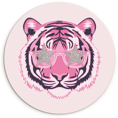 WallCircle® Wandcirkel 120x120 cm - Muurcirkel Tijger - Glitterzonnebril - Roze - Muurdecoratie woonkamer - Wanddecoratie slaapkamer - Kamer decoratie accessoires - Ronde schilderijen XXL