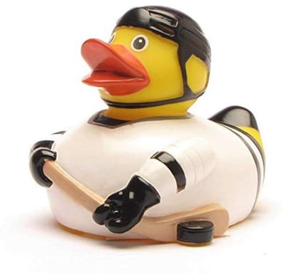 Badeend ijshockey, kleurrijk en piepend, 8 cm met sleutelhanger – Perfect cadeau voor ijshockey-fans en kinderen