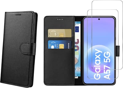 Hoesje Portemonnee geschikt voor Samsung Galaxy A57 5G Zwarte portemonnee met magnetische klep en kaartopslag en 2 stuks Screenprotector Gehard Glas