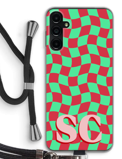 Gepersonaliseerd - Case Company® - Hoesje met koord geschikt voor Samsung Galaxy A14 hoesje met Koord - Grid Monogram - Telefoonhoesje met Zwart Koord - Bescherming aan alle Kanten en Over de Schermrand