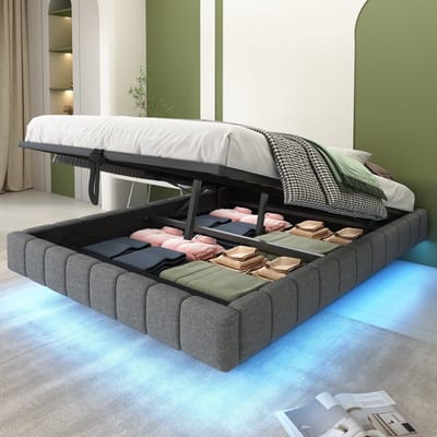Sweiko Tweepersoonsbed - 140x200 cm - Met opbergruimte - LED verlichting - Zonder hoofdbord - Linnen - Grijs