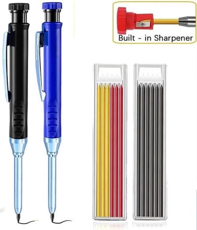 4 Delig Bouwpotlood set - Timmerman Potlood - X2 markeerpotloden zwart en blauw en X12 navullingen - Perfect voor Timmerwerk en Markeringen - LOUZIR