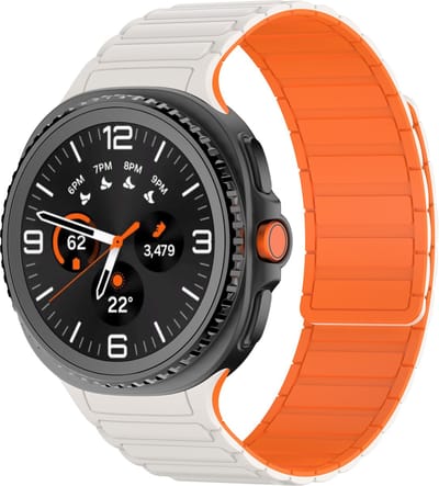 Stravo Magnetic Bandje – Geschikt voor Samsung Galaxy Watch 9 (40/44mm) / Watch 8 (40/44mm) / 8 Classic (46mm) – Zacht Siliconen Sport Horlogebandje met Sterke Magneet (Starlight/oranje) – Voor Dames en Heren