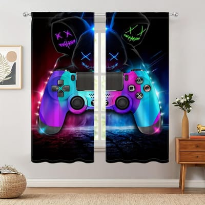 Gaming Gordijnen Vitrages Kinderkamer Gamer Videogames Gordijn Set voor Jongens Moderne Game Controller Stof Gordijn Groen Gamer 2 Stuks 100W130H(CM)40x51in&Grommet Top