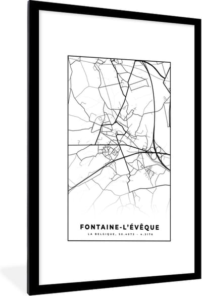 Fotolijst incl. Poster Zwart Wit- België – Fontaine l'Évêque – Stadskaart – Kaart – Zwart Wit – Plattegrond - 60x90 cm - Posterlijst