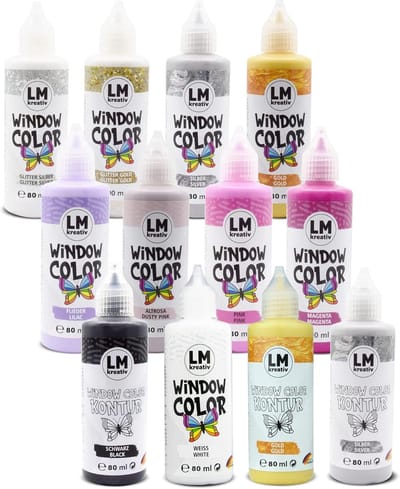 LM-Kreativ Raamverf set - Met Contourkleur - Glasverf voor knutselen - Eenhoornmagie - 12 x 80 ml