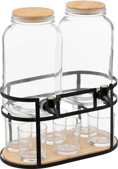 5Five Drank dispensers - set van 2x stuks - 3,3L - glas - op standaard met 6 glazen