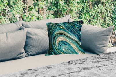 Buitenkussen - Marmerlook - Luxe - Goud - Turquoise - Glitter - 45x45 cm - Weerbestendig