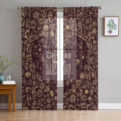 Handgetekende Koffie Achtergrond Raamgordijnen Transparant Chiffon Tule Gordijn Huis Woonkamer Achtergrond Decoratie 135W x 114H(cm) black