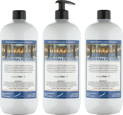 Body & Hair Hammam Herbal 1 Liter - met gratis pomp - set van 3 stuks - 2 in 1 voor lichaam en haar.