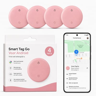 Android GPS Tracker – 4 stuks - Family Pack- Real-time Locatie Volgsysteem – Werkt met Google Find My app- Alleen geschikt voor Android telefoons- Gecertificeerd - Batterij Vervangbaar - 24/8 live locatie meekijken - Roze